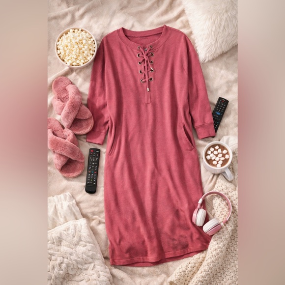 Woman Within 2X Pink Lace-Up Shift Dress Pockets 3/4 Sleeve Plus Size 26W/28W - Picture 3 of 13